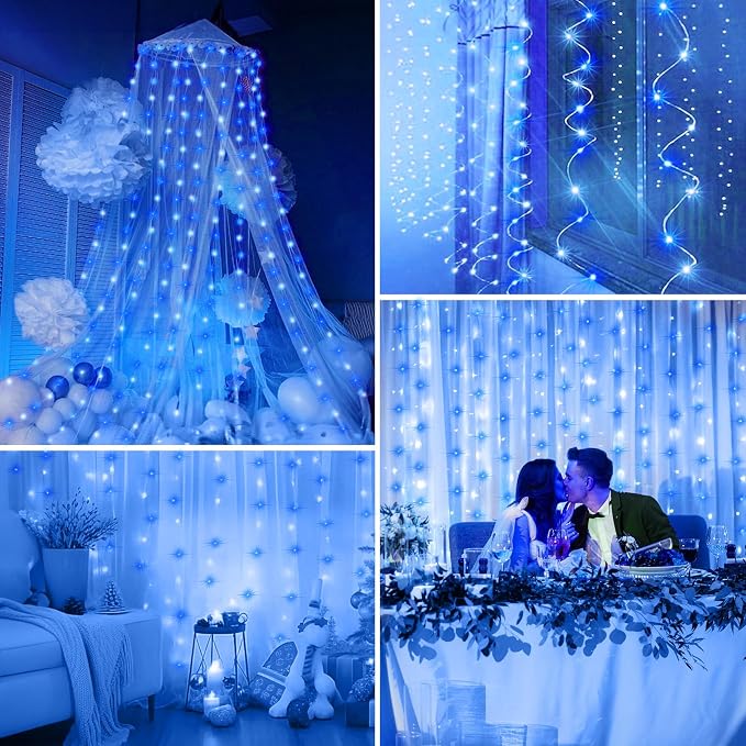 Minetom Curtain Lights, 300 LED Dimmable Fairy Lights with Remote and Timer, 8 Modes, USB Powered String Lights for Room Wall Party Xmas Indoor Decor, Blue & White Hanukkah Decorations Lights
