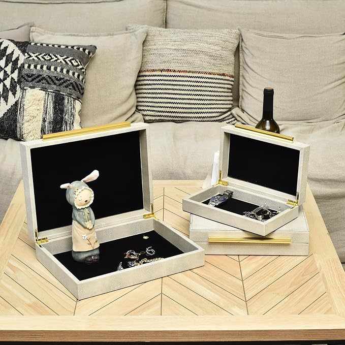 DECOR4SEASON Faux Shagreen Decorative Stackable Storage Boxes – Set of 3 | Jewelry Organizers with Gold Metal Handles & Velvet Lining, Modern Ivory White Box for Vanity, Entryway & Coffee Table Décor