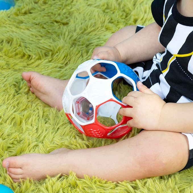 Bright Starts Oball Grippin' Goals Rattle Soccer Ball - Red, White & Blue, Easy-Grasp Toy for Newborn and Up (Pack of 2)