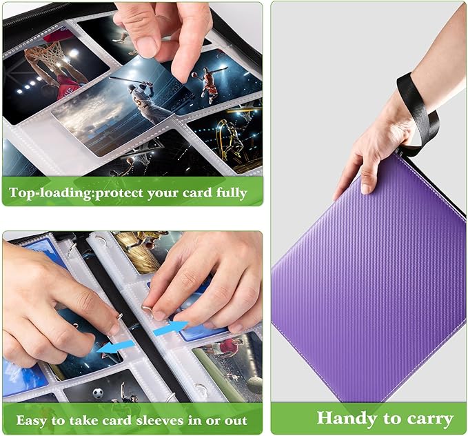 WOT I Trading Card Binder, 900 Pockets Baseball Card Binder Sleeves with Zipper, Double Sided Pockets Card Holder Carry Card Case for Baseball Card, Football Card(Purple)