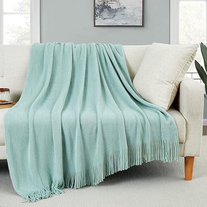 Homiest Light Green Knitted Throw Blanket with Fringe, 50x60 Inch | Pure Acrylic, Lightweight & Breathable, All-Season Use, Machine Washable, Wrinkle & Fade Resistant, for Couch Sofa And Bed