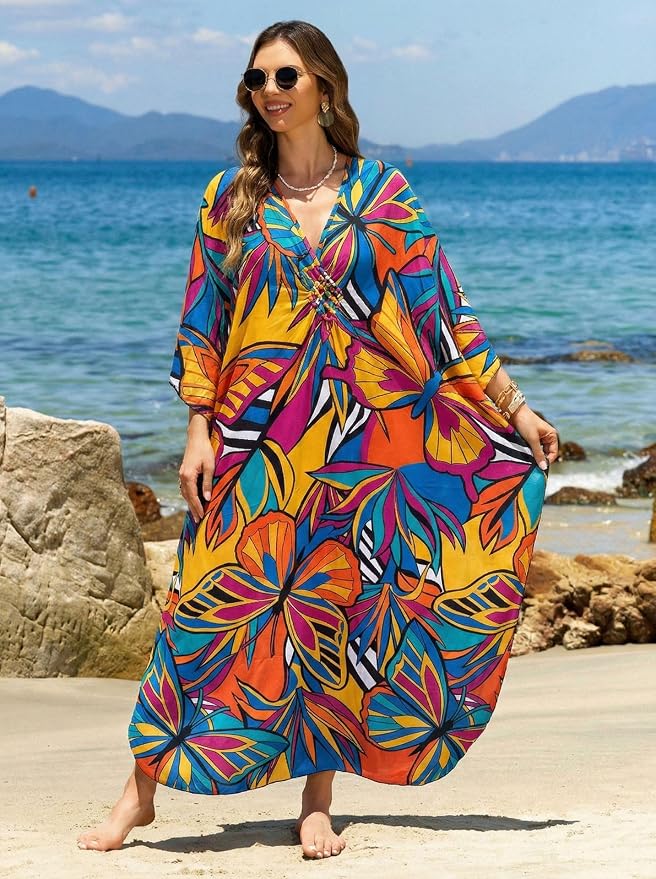 Mumu Dresses for Women Plus Size, Bohemian Kaftan Beach Cover Up Long Maxi Nightgown Soft Loungewear