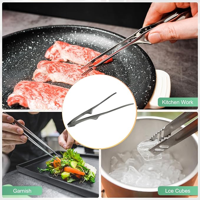 M METERXITY 5 Pcs Korean and Japanese BBQ Tongs 11.2 Inch Barbecue Tongs 430 Stainless Steel Kitchen Self-Standing Grill Non-Slip for Grill/Salad/Camping/Cooking [Black]