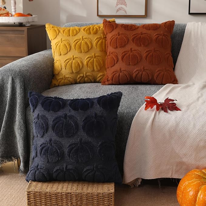 DFXSZ Fall Pillow Covers 18x18 2Pcs Navy Blue Pumpkin Fall Decorations | Fall decor Set of 2 Throw Pillow Cases Soft Plush Faux Fur Wool Couch Cushion for Chair Sofa Bedroom Living Room Home Decor