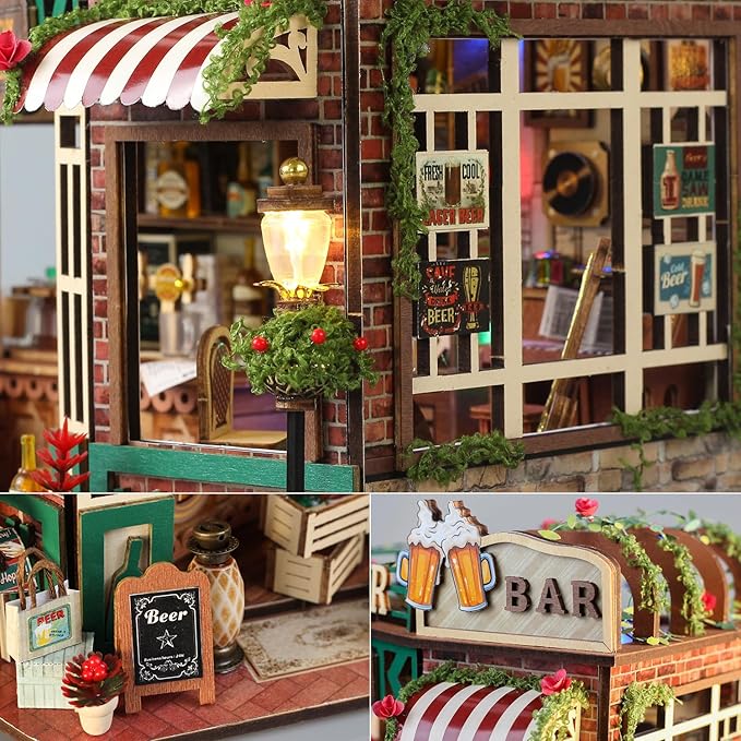 TuKIIE DIY Miniature House Kit with Furniture, 1:24 Scale Creative Room Mini Wooden Dollhouse Book Nook for Kids Teens Adults(Beer Bar)