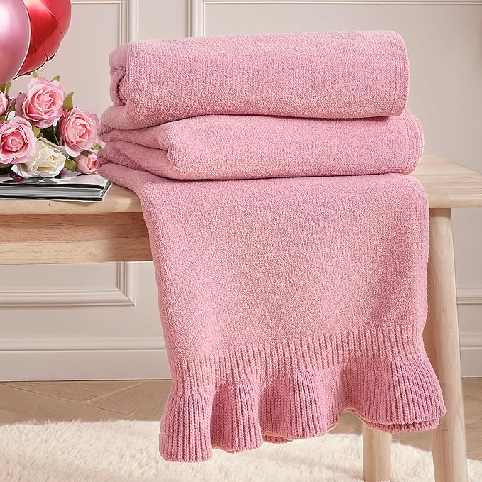 Ultra Soft Ruffle Knit Chenille Throw Blanket for Couch & Bed, Cozy Flowers Blankets for Home Decor, Gifts for Women Mom Sister on Mother's Day Valentine's Day Birthday, 50"x60", Pink
