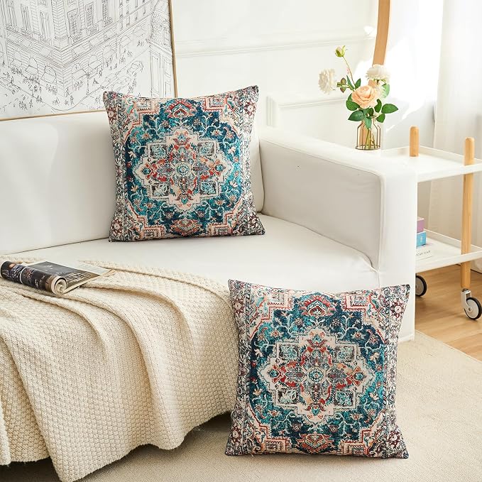 Boho Throw Pillow Covers 16x16 inch Set of 2,Boho Vintage Carpet Pattern Antique Ethnic Decor Double Sided Pattern Cushion Cover Soft Pillow Case Living Sofa Room Bed Square Pillow Cover