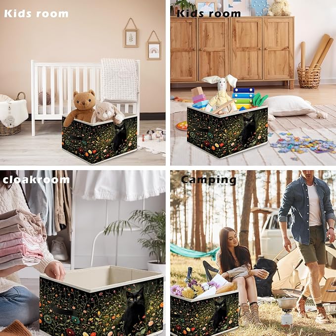 William Morris Inspired Dark Wildflower Black Cat Storage Bin Box with Handles,Cottagecore Floral Botanical Cat Foldable Organizer Basket Toybox for Room Bedroom Bathroom Clothes Toys Books