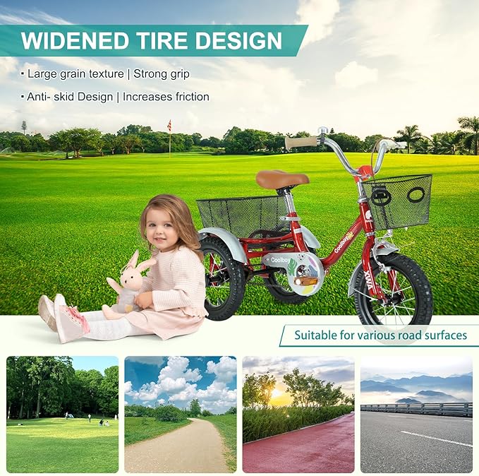 Kids Tricycle with Safety Features, Wide Anti-Skid Tires, Storage Basket, Soft Cushion Seat, Red