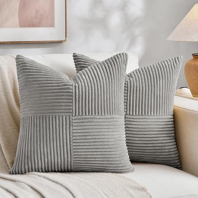 Fancy Homi 2 Packs Grey Samll Decorative Throw Pillow Covers 12x12 Inch with for Living Room Couch Bed, Rustic Farmhouse Boho Home Decor, Soft Corss Patchwork Corduroy Square Cushion Case 30x30 cm