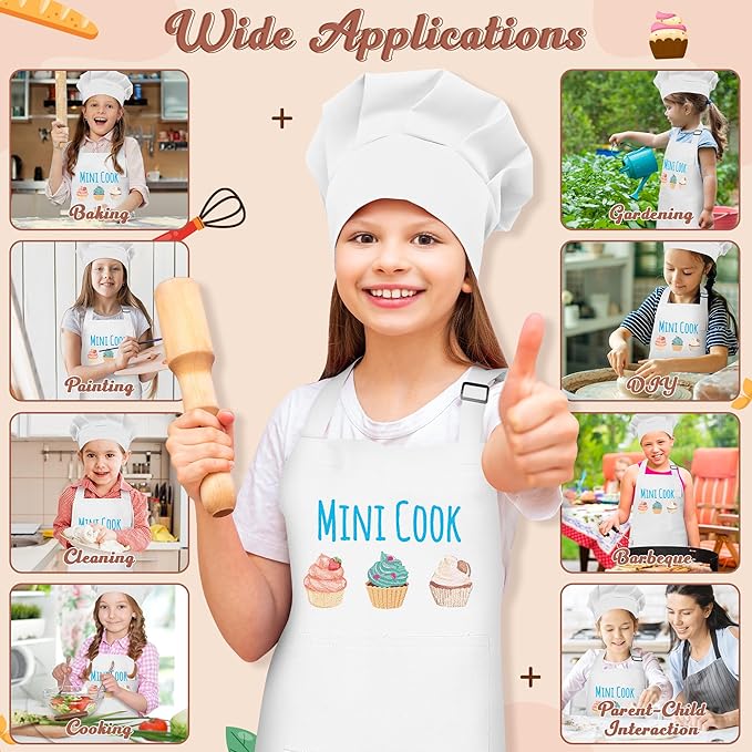 R HORSE Kid Apron and Chef Hat Set - 2Pcs White Mini Cook Adjustable Children Kitchen Toddler Apron for Girls Boys, Funny Dress up Pretend Play Toy Birthday Gift for Kids Cooking Baking Painting