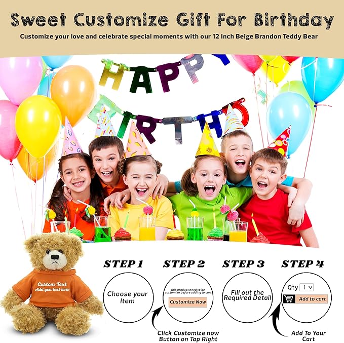 Customized Beige Brandon Bear - 12 inch Personalized Stuffed Bear Plush Toy - Perfect Custom Shirt Bear Gift for Graduation Valentines Graduation Easter Holidays (Orange Shirt)