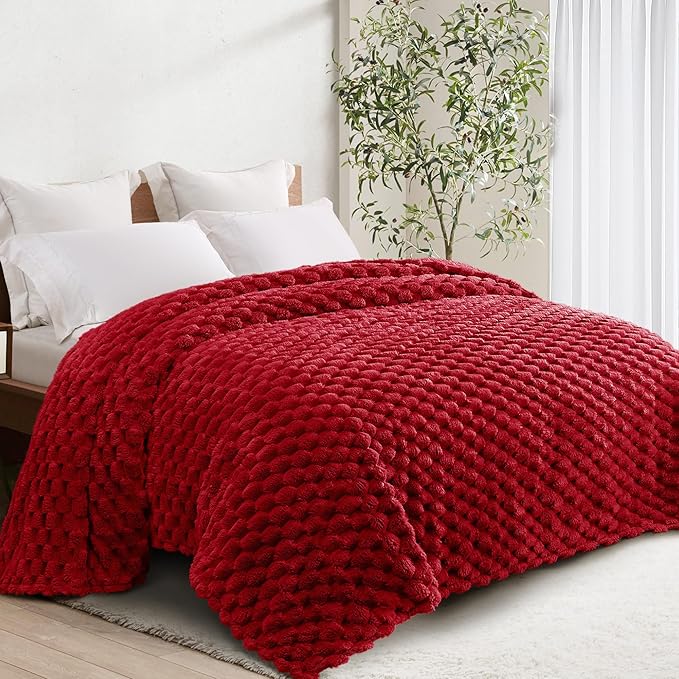 Whale Flotilla Soft Fleece Queen Size Bed Blanket Luxury 3D Jacquard, Red | Lightweight Breathable Coverlet Bedspread for All Seasons, Super Cozy Plush Fluffy Fuzzy Decorative Blanket for Bed, 90"x90"