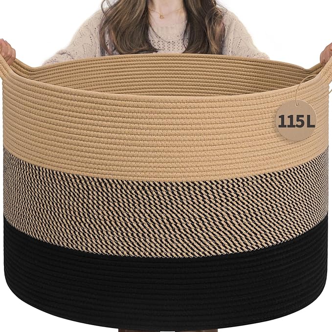 INDRESSME 115L Extra Large Woven Rope Blanket Basket Living Room | 23.6" x 15.7" Storage baskets for toys laundry & pillows. Fits living room, bedroom or nursery décor. Soft-touch with handles