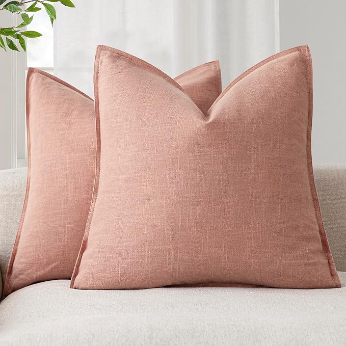 Foindtower Pack of 2, Decorative Linen Solid Throw Pillow Covers Soft Accent Euro Cushion Case Boho Farmhouse Pillowcase for Chair Couch Sofa Bedroom Living Room Home Decor 26 x 26 Inch Coral Pink