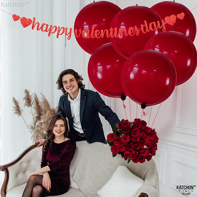 KatchOn, Big Metallic Ruby Red Balloons - 22 Inch, Pack of 6 | Round 4D Mylar Balloon for Valentines Day Decorations | Valentines Balloons for Galentines Decorations | Red Party Decoration, Birthday