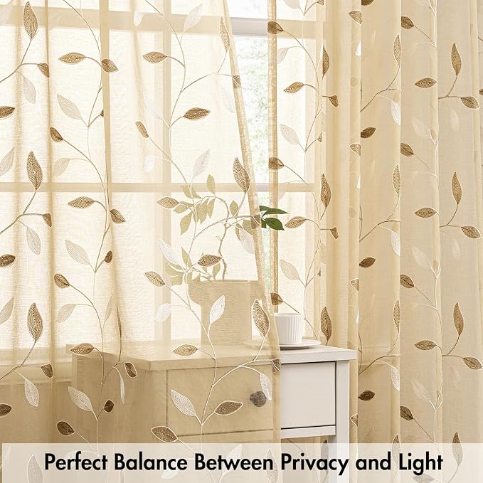 MIULEE Khaki Sheer Curtains 2 Panels Embroidered Leaf Patterned Rod Pocket Floral Semi Sheer Faux Linen Window Curtains Drapes Set for Living Room Bedroom Dining Room, 52x84 Inches Long