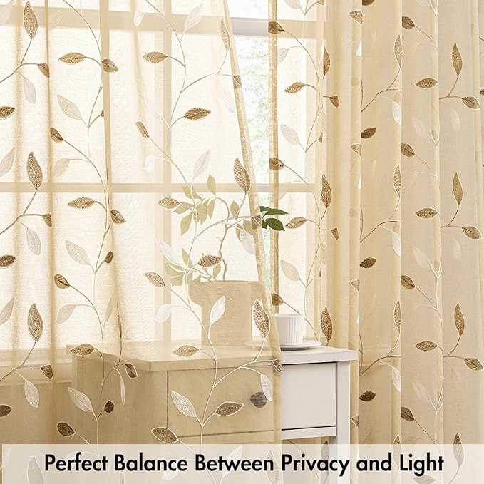 MIULEE Khaki Sheer Curtains 2 Panels Embroidered Leaf Patterned Rod Pocket Floral Semi Sheer Faux Linen Short Window Curtains Drapes Set for Kitchen Living Room Bedroom, 52x54 Inches Length