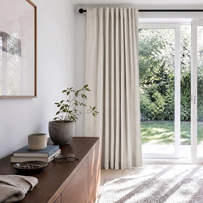 100% Blackout Shield Linen Blackout Sliding Door Curtains for Living Room, Back Tab/Rod Pocket Thermal Insulated Curtains for Sliding Glass Doors, 1 Panel Set, 100" W x 90" L, Cream