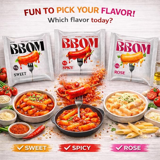 BBOM Korean Tteokbokki Rice Cake – Instant Variety Pack (Sweet, Spicy & Rose) | 3 Pouches x 5.19oz (147g)