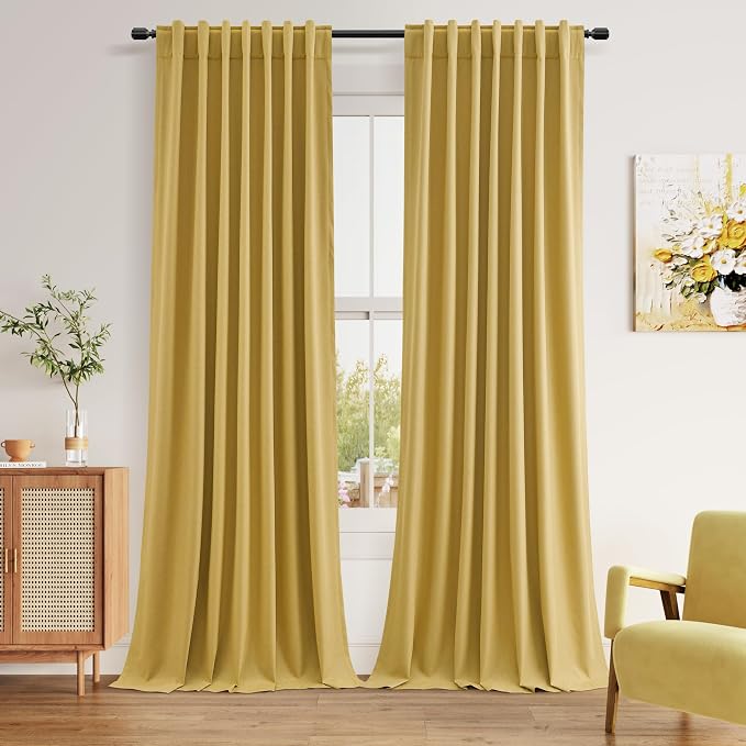 Guken 100% Blackout Curtains 102 Inch Length 2 Panels Set for Living Room Bedroom Back Tab Thermal Insulated Black Out Linen Drapes Room Darkening Window Curtains Gold 52x102