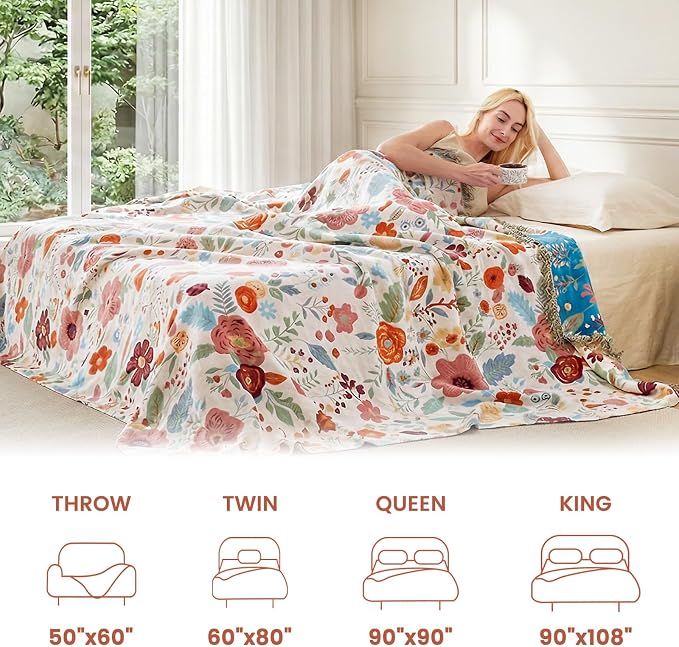 MSGKV Boho Throw Blanket 60"x80" Summer Cotton Floral Twin Size Blanket | Muslin Throw, Twin Size Blanket, Floral Pattern, Reversible Woven, Lightweight Comfort, Farmhouse Decor, Machine Washable