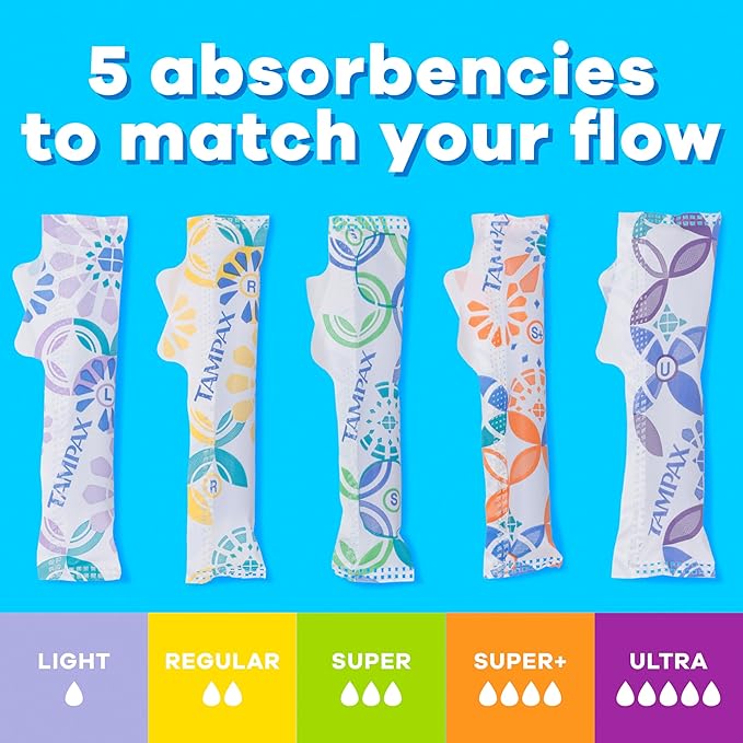 Tampax Pearl Plastic Tampons for Women Multipack, with LeakGuard Braid, Light/Regular/Super Absorbency, Unscented, 204 Count (6 Packs of 34)