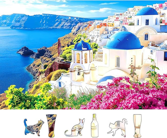 500 Piece Jigsaw Puzzle for Adults - Santorini Blue Domes: Greek Island Coastal View with Unique Shaped Pieces, 23x15 Inch Unique Art Puzzle, Challenging Hard Difficult Puzzles for Adults
