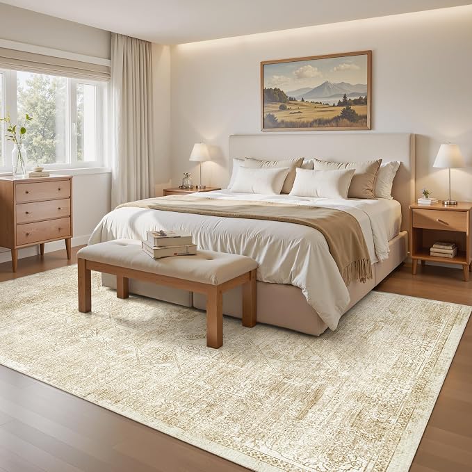 Soalmost 5x7 Area Rugs Beige/Ivory Washable Trendy Faded Style Floral Rugs | Vintage Non-Slip Indoor Accent for Bedroom Dining, Foldable Stain Resistant Floor Carpet Mat Under Table Home Office Decor
