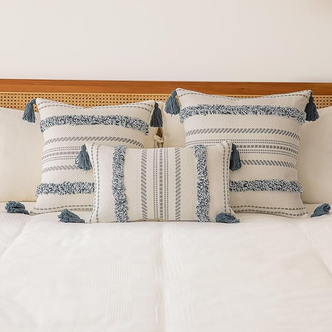 BUIOVBEY Boho Throw Pillow Covers Woven Tufted Pillow Cases with Tassels | Farmhouse Pillow Covers 12x20 Set of 2 Textured Striped Cushion Case Neutral Decorative Pillowcase for Sofa Couch Dark Blue