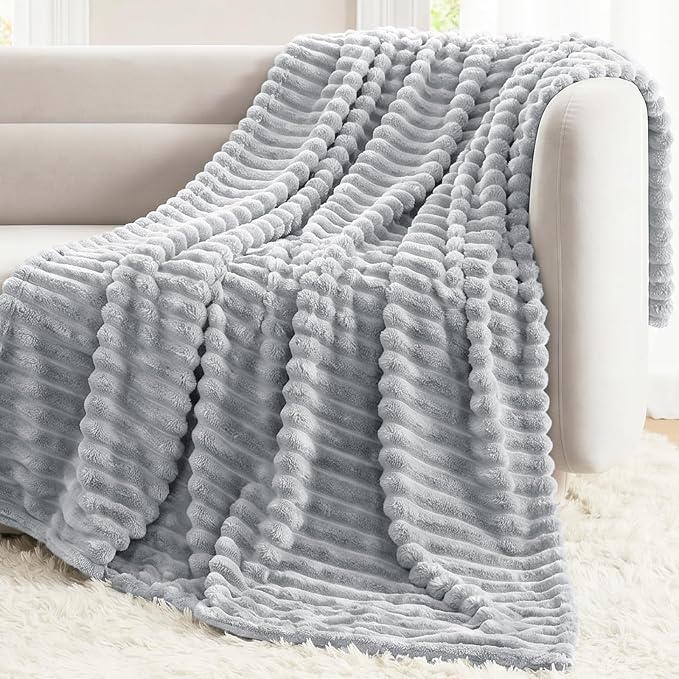 Light Gray Throw Blanket for Couch & Bed, 50 x 60 Inch | 300GSM Ribbed Fleece Blanket, Soft, Cozy & Lightweight, OEKO-TEX Certified, All-Season Use for Travel, Dorm & Home Decor