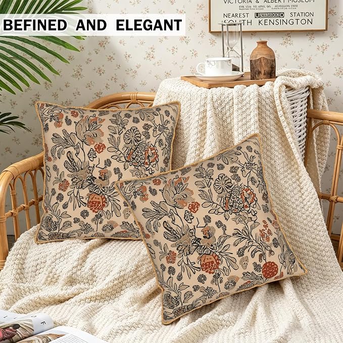 KSLIDS Art Boho Floral Soft Velvet Throw Pillow Covers Set of 2 Beige Rust Botanical Flowers Decorative Pillow Covers 16x16 Inch Farmhouse Vintage Pillow Case for Sofa Couch Living Room Home Decor