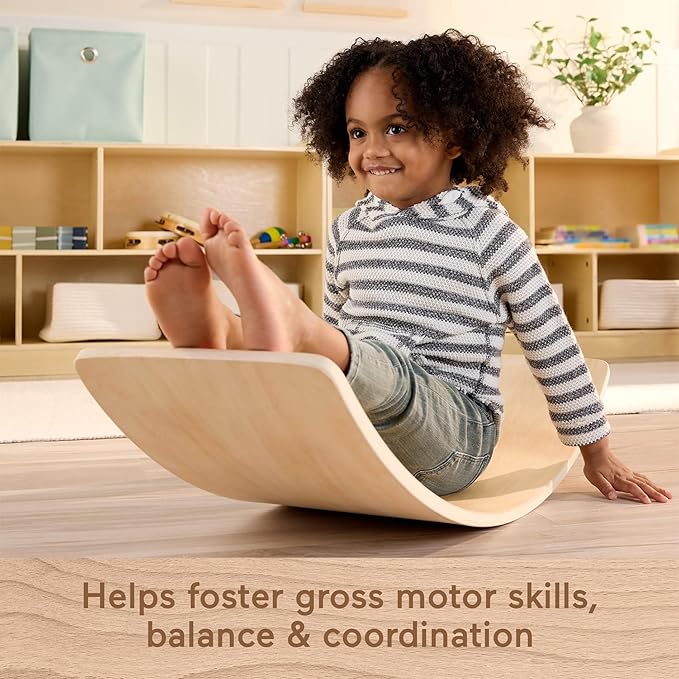 Fisher-Price Wood Montessori Toy Rockin' Balance Board, American Montessori Society Seal of Excellence, 31.7-Inch Wooden Motor Skills Learning Activity for Kids Ages 3+ Years (Amazon Exclusive)