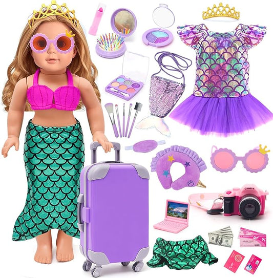 HAPGFS American 18 Inch Doll Makeup Accessories and Travel Set Mermaid, Including Purple Suitcase Luggage Dress Eye Shadow Lipstick Eyelash Brush Dolls Travel Gear Play Set Gift for Birthday (NO Doll)