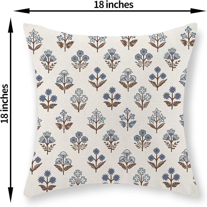 Brown Blue Pillow Covers 18x18 Set of 2 Boho Block Print Floral Pillow Cases Vintage Flower Pattern Decorative Throw Pillows Linen Outdoor Decor Farmhouse Cushion Cover for Couch Sofa Bed