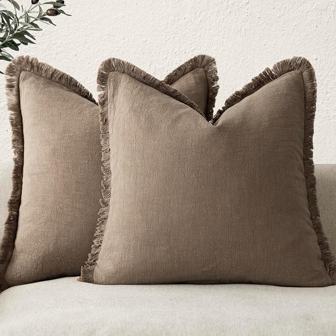 Foindtower Set of 2 Decorative Linen Fringe Throw Pillow Covers Cozy Boho Farmhouse Cushion Cover with Tassels Soft Accent Pillowcase for Couch Sofa Bed Living Room Home Decor,18×18 Inch,Light Brown