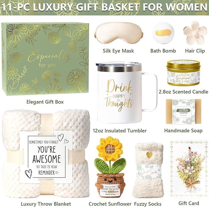 Birthday Gifts for Women Get Well Soon Spa Gift Baskets Self Care Package | Thinking of You After Surgery Thank You Gifts Set, Relaxation Christmas Sunflower Gifts for Women Mom Best Friend Sister Wife