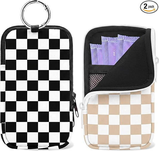 2 Pack Portable Tampon Holder Zippered Pouch with Snap Hook, Waterproof Travel-Friendly Discreet Period Bag, Feminine Products Organizer for Women Purse (Black and White Plaid)