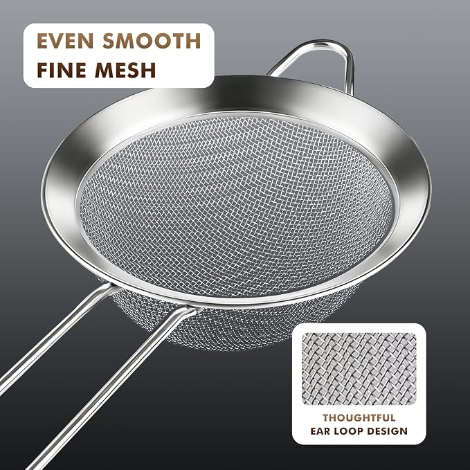 NileHome 3 Piece Mesh Strainers, Stainless Steel Strainer for Sifting, Straining, Cooking Kitchen Strainers Fine Mesh for Flour, Pasta, Loose Tea, Fruit, and Rice, Silver