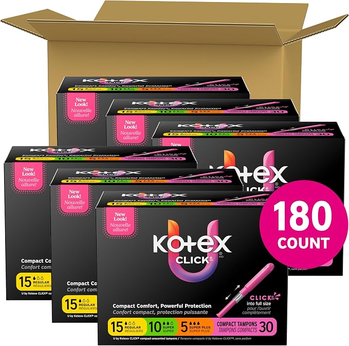 U by Kotex Click Compact Multipack Tampons, Regular/Super/Super Plus, Unscented, 180 Count (6 Packs of 30)