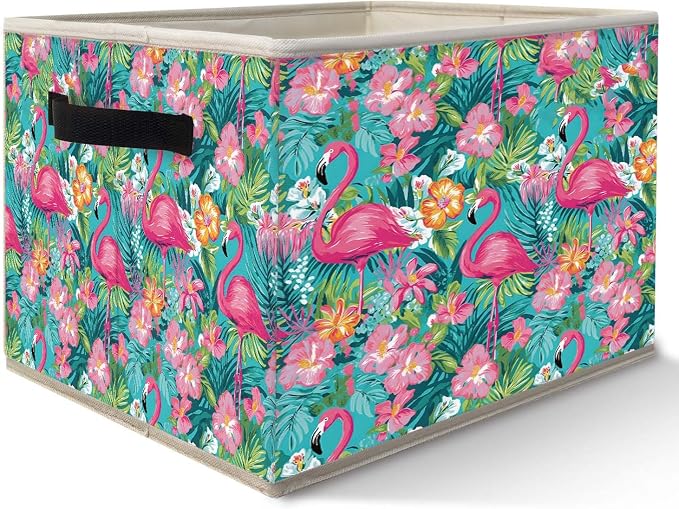 Pink Floral Flamingo Storage Bins Basket, Flamingo Gifts for Women Girls, Tropical Botanical Collapsible Fabric Storage Box Organizer Toybox for Bedroom Bathroom Clothes Books Toys