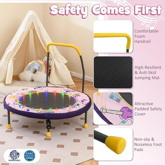 GYMAX 36” Toddler Trampoline with Lights, Folding Springless ASTM Approved Small Kids Rebounder with Foam Handle, Safety Padded Cover & Foldable Legs, Mini Indoor Baby Trampolines