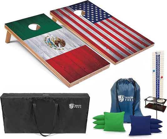Tailgating Pros 4x2 Regulation Cornhole Boards Flag Set- Includes 8 Bean Bags, Carrying Cases, and Score Keeper - Optional LED Lights