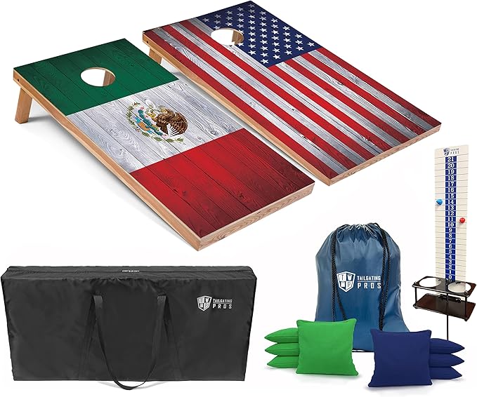 Tailgating Pros 4x2 Regulation Cornhole Boards Flag Set- Includes 8 Bean Bags, Carrying Cases, and Score Keeper - Optional LED Lights