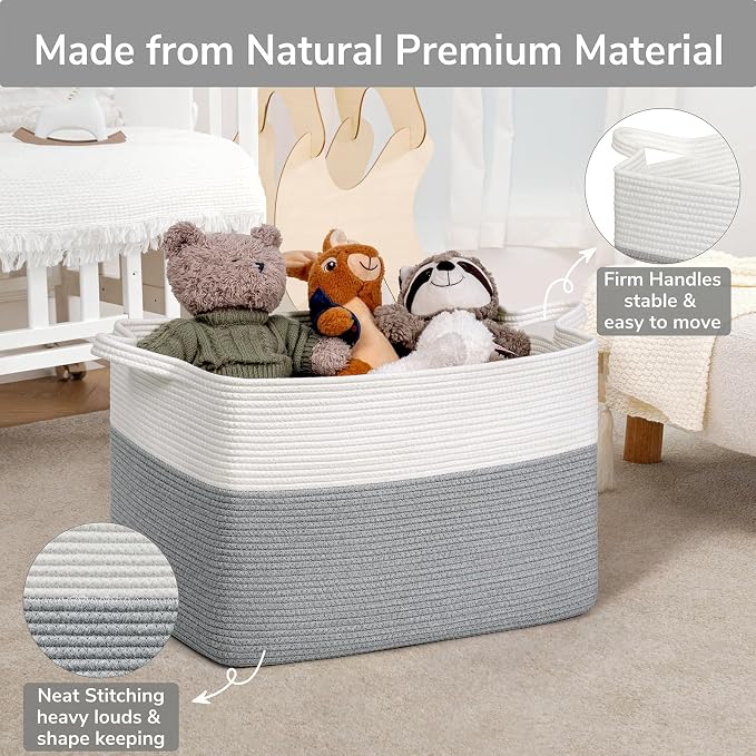 Goodpick 85L Large Woven Rope Blanket Basket, Rectangle, White Gray | 23.6'' x 15.7'' x 13.8'' Storage Basket for Blankets & Pillows, Living Room & Bedroom Organization, Reinforced Handles