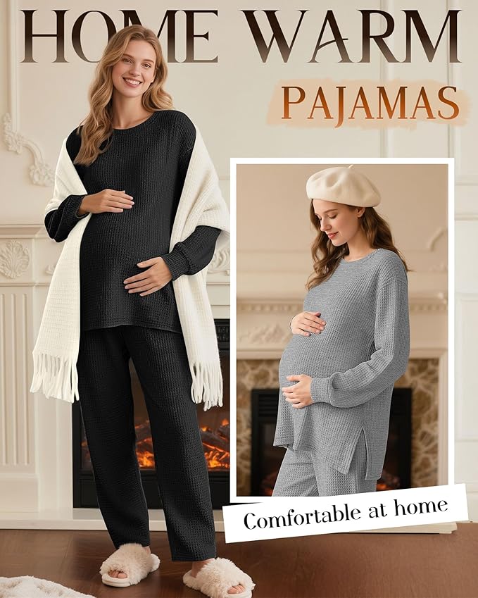 3 Pack Women's Maternity Shirts Long Sleeve Waffle Knit Side Split Oversized Tops Pregnancy Clothes Fall Tees