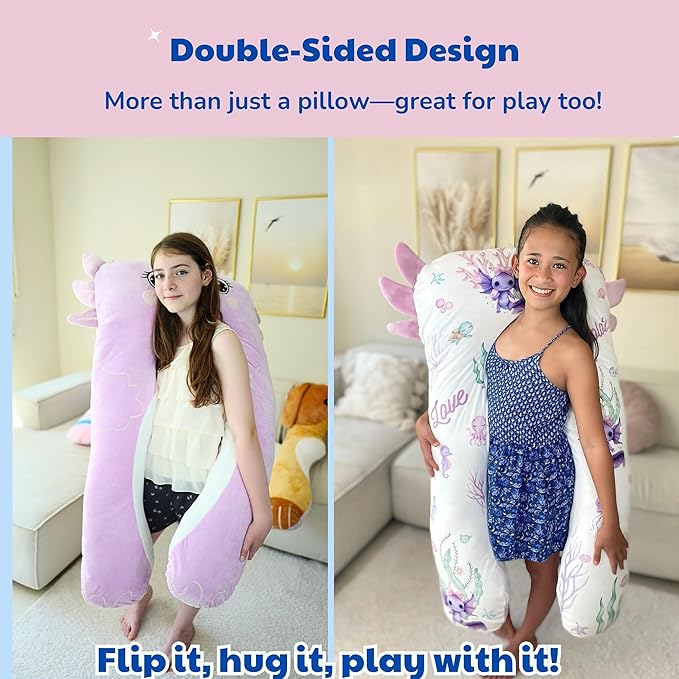 LUNAMIRA Axolotl Kids Body Pillow - 47" U-Shape Long Plush Soft Animal Pillow for Kids, Sleeping, Reading, ADHD & Special Needs Comfort, Anxiety, Washable Cover, Snuggle Fun Cuddle for Boys & Girls