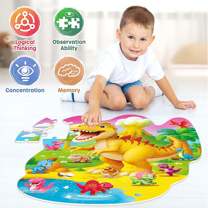 SYNARRY Dinosaur Floor Puzzles for Kids Ages 4-6, Large 45 Piece Floor Puzzles for Kids Ages 3-5, Dinosaur Puzzles for 4-8 Years Old, Easter Basket Stuffers Valentines Day Gifts for Kids