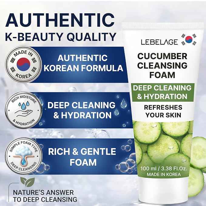 LEBELAGE Korean Cucumber Facial Cleanser 3.38 oz | Cleansing Foam Face Wash | Low pH Gentle Hydrating Daily Facial Cleanser Sensitive Skin | Deep Cleansing Foaming Cleanser, Pore Care-All Skin Types