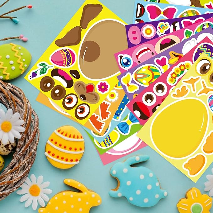 DUJAA 24 Sheets Easter Stickers for Kids Make Your Own Animal Mix and Match Stickers with Easter Egg Themed Pig, Bunny, Chicken, Cow, Sheep, Duck Craft Party Favor Supplies
